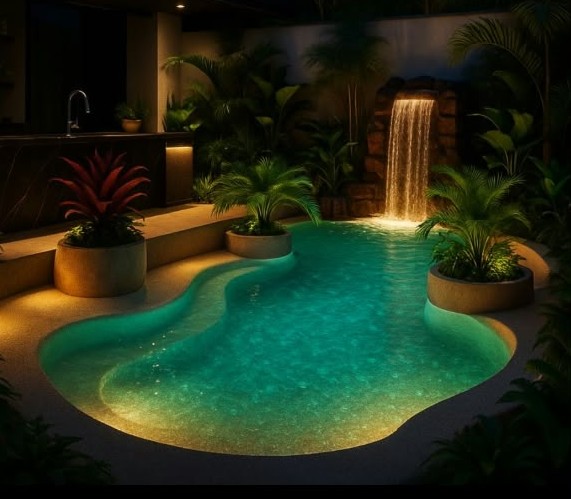 Piscina iluminada à noite com cascata